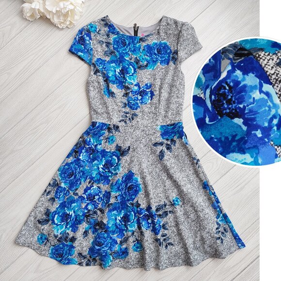 Blue Floral Dress Fit Flare Short Puff Sleeve Scuba Skater Midi S - Picture 1 of 13